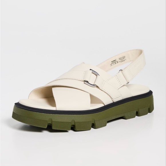 Sorel Shoes - Sorrel Cream Leather Cross-Strap Slingback Sandal with Olive Lug Sole